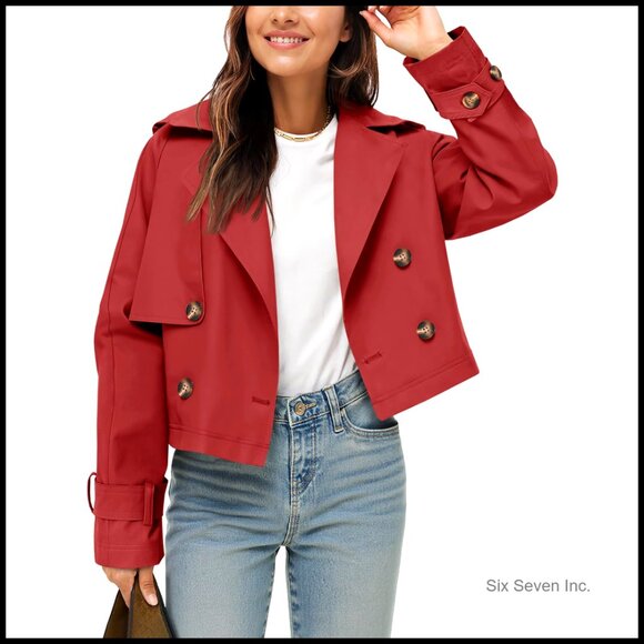 Cropped Trench Coat Double Breasted Lapel Casual Jacket Lightweight Vintage
